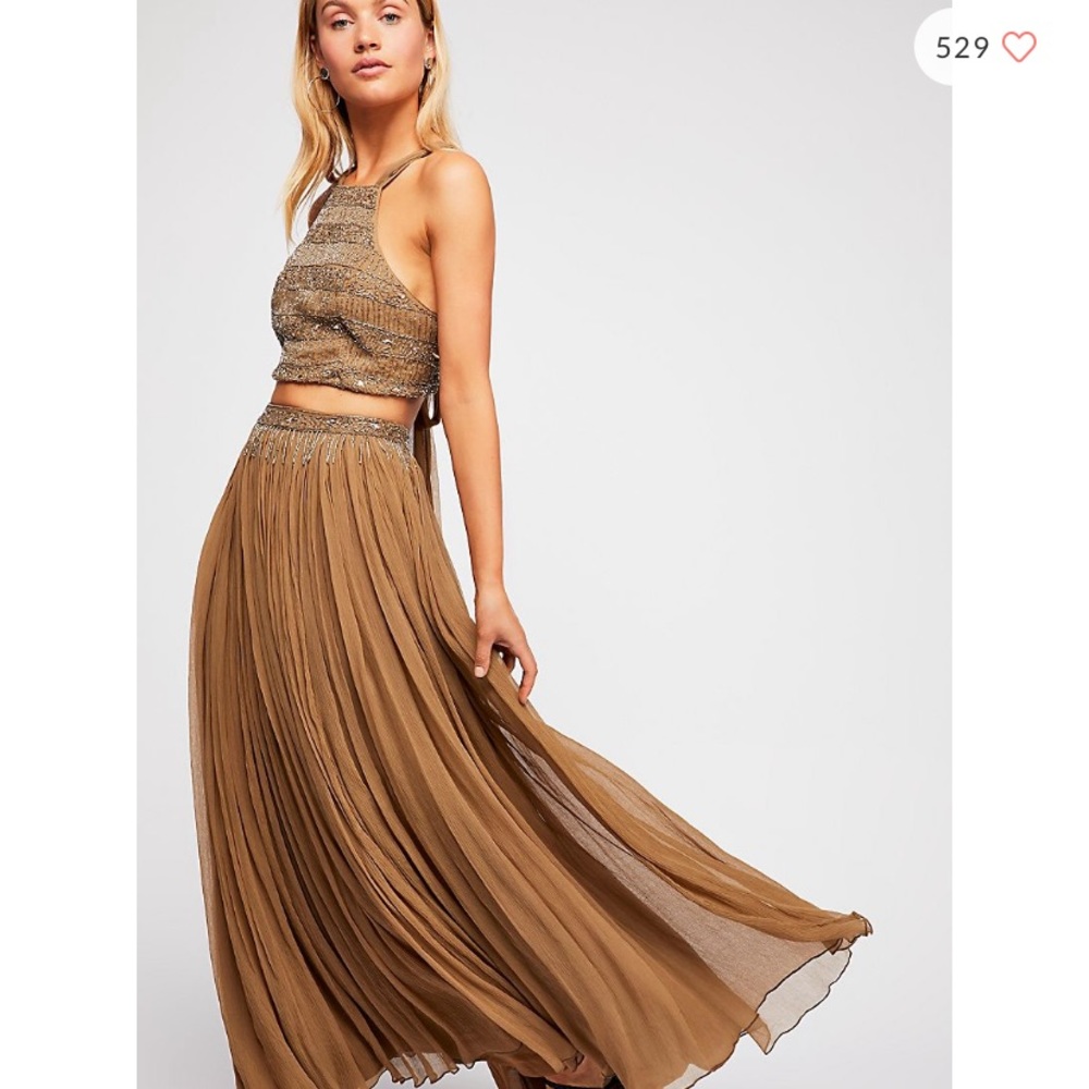 Free People Brown Two-Piece Pleated Maxi Skirt and Crop Top
